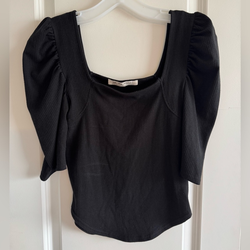 We The Free Black Square-Neck Puff Sleeve Ribbed Top